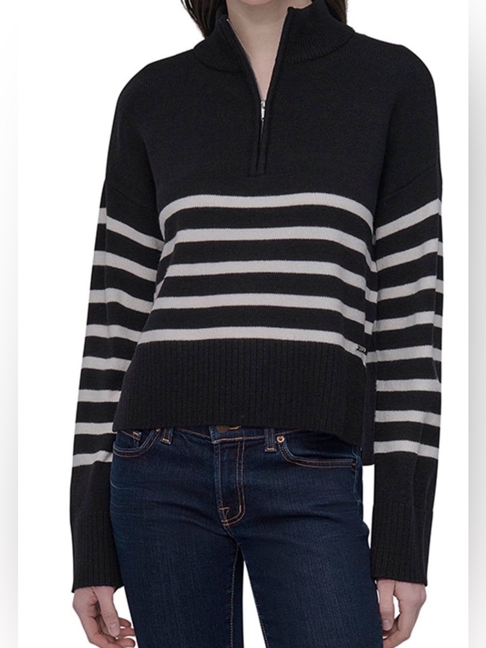 DKNY Black & White Striped Quarter Zip Mock Neck Sweater Womens M NWT - Picture 2 of 9